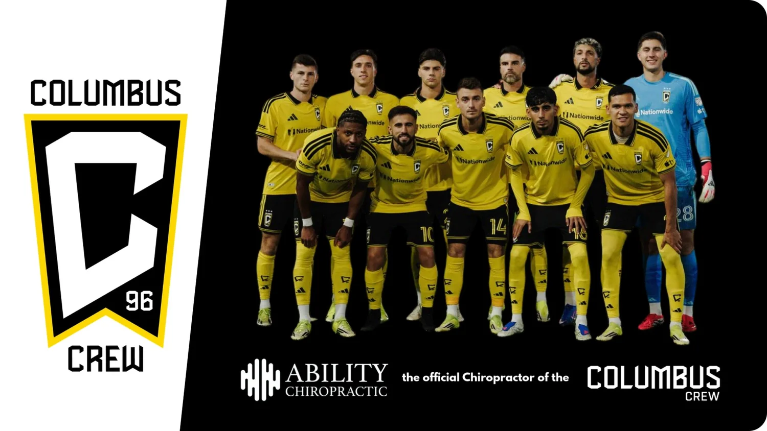 Columbus Crew players in their yellow kits beside the Crew crest, with the Ability Chiropractic lockup reading the official Chiropractor of the Columbus Crew